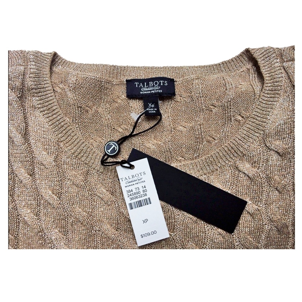 TALBOTS Petite Cable Knit Metallic Gold Sweater
